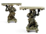 AN UNUSUAL AND RARE PAIR OF ITALIAN PAINTED, LACCA A MECCA AND FAUX MARBRE CONSO