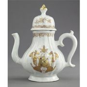A CHINESE EXPORT ARMORIAL SILVER-SHAPE SMALL COFFEE POT AND COVER
CIRCA 1753-55
