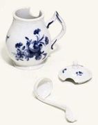 FULDA BLUE AND WHITE BALUSTER MUSTARD POT, COVER AND LADLE 
